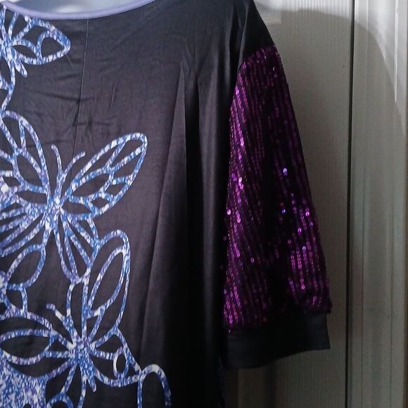 Butterflies purple black blue print shirt with sequin sleeves Sz 2X NWOT - Picture 8 of 9